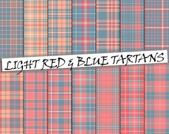 Light red and blue  tartan pattern digital paper, 14 seamless scottish plaid patterns, red and blue plaid backgrounds; for commercial use