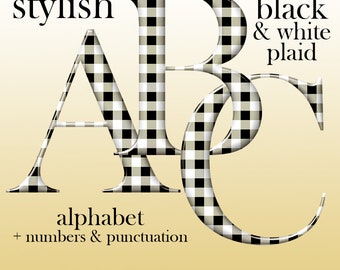 Stylish black and white plaid digital alphabet clipart, font with large and small letters, numbers and punctuation; for commercial use