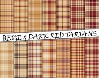 Beige and dark red pattern digital paper, 14 seamless scottish plaid patterns, printable brown plaid backgrounds; for commercial use