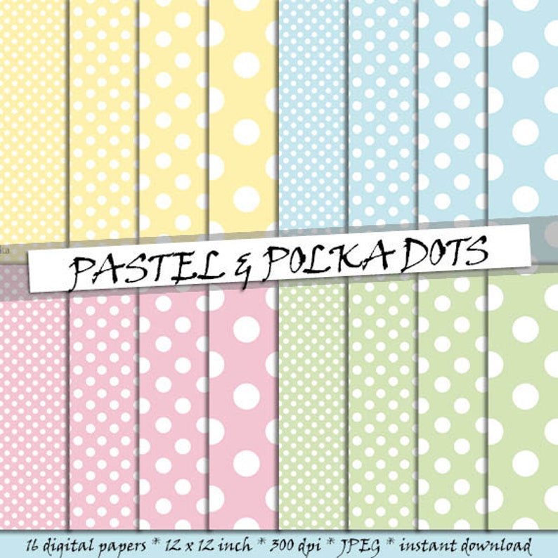 Pastel polka dots pattern digital paper: printable paper in green, blue, red and yellow tones Easter backgrounds for commercial use image 1