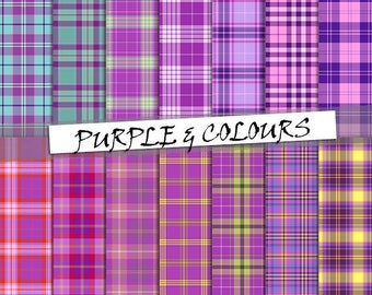 Purple tartan pattern digital paper, 14 seamless scottish plaid patterns, printable craft paper, scrapbooking paper, for commercial use