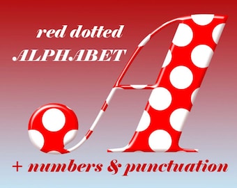 Red with white polka dots digital alphabet clipart, red font with large and small letters, numbers and punctuation marks; for commercial use
