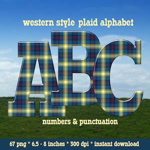 Blue and yellow plaid digital alphabet clipart, western style tartan font with letters, numbers and punctuation marks; for commercial use