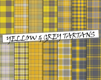 Yellow and grey tartan pattern digital paper, 14 seamless scottish plaid patterns, printable yellow and grey backgrounds; for commercial use