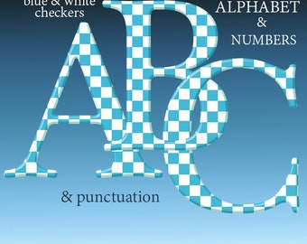 Blue and white checkers digital alphabet clipart, with checkered large and small letters, numbers and punctuation marks; for commercial use