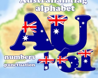 Australian flag alphabet clipart, green, red and white font, printable large and small letters, numbers and punctuation; for commercial use