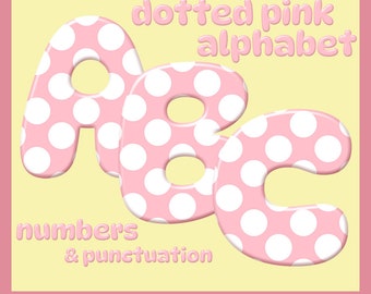 Pink with dots digital alphabet clipart, dotted pink font with large and small letters, numbers and punctuation marks; for commercial use