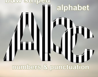 Black and white striped digital alphabet clipart, stripes font, large and small letters, numbers and punctuation marks; for commercial use