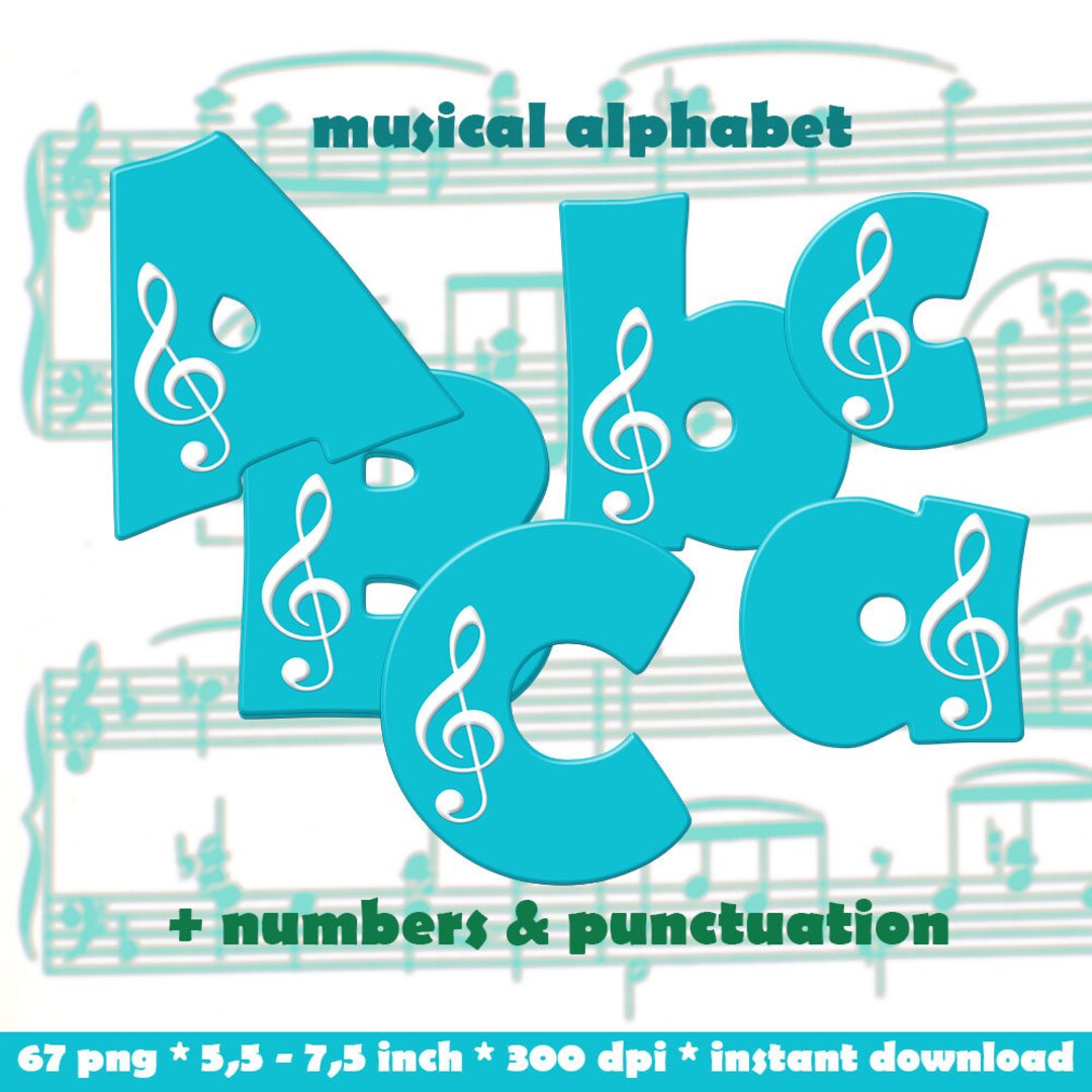 Musical Alphabet Clipart Printable Digital Music Font, Capital and Small Letters, Numbers and ...