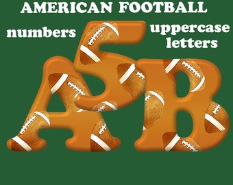 American football digital alphabet clipart, printable sports font with large letters and numbers; for commercial use