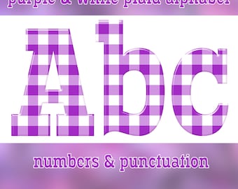 Purple plaid digital alphabet clipart, purple gingham font with large and small letters, numbers and punctuation marks; for commercial use