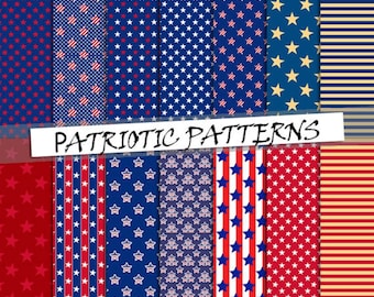 Patriotic pattern digital paper: digital backgrounds with red, blue and white stars and stripes; for commercial use