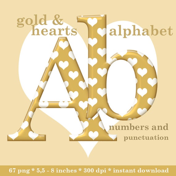 Gold With Hearts Digital Alphabet Clipart Golden Font With Large And Small Letters Numbers And Punctuation Marks For Commercial Use