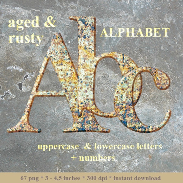 Rusty metal digital alphabet clipart, red  brown rust font with capital and small letters and numbers; for commercial use