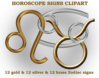 Zodiac signs clipart, gold, silver and brass astrological signs, 36 horoscope symbols, printable astrology clipart ; for commercial use