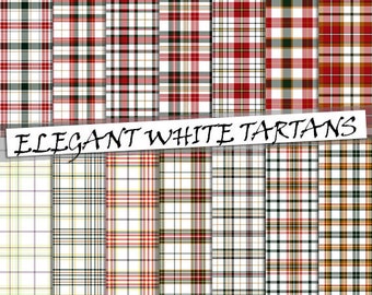 Elegant white  tartan pattern digital paper: 14 seamless scottish plaid patterns in mainly white, printable craft paper; for commercial use