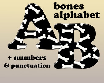 Bones alphabet clipart, pet dog digital font, printable black and white letters, numbers and punctuation marks; for commercial use
