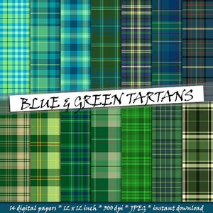 Tartan digital paper in blue and green: 14 scottish plaid patterns in blue and green color; tartan background for commercial use