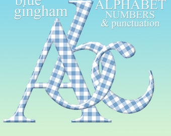 Blue gingham digital alphabet clipart, blue and white plaid font with large and small letters, numbers and punctuation; for commercial use