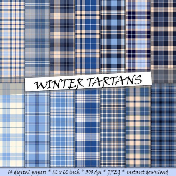 Winter tartan digital papers, 14 seamless scottish plaid patterns, printable blue, gray and yellow backgrounds; for commercial use