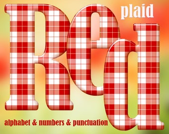 Red and white plaid digital alphabet clipart, scottish style font with large and small letters, numbers and punctuation; for commercial use