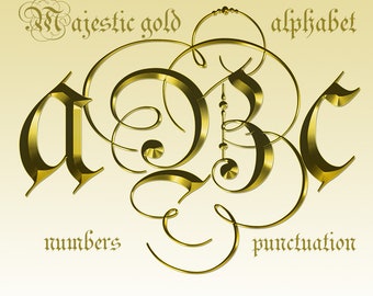 Majestic gold digital alphabet clipart, golden wedding font with large and small letters, numbers and punctuation marks; for commercial use