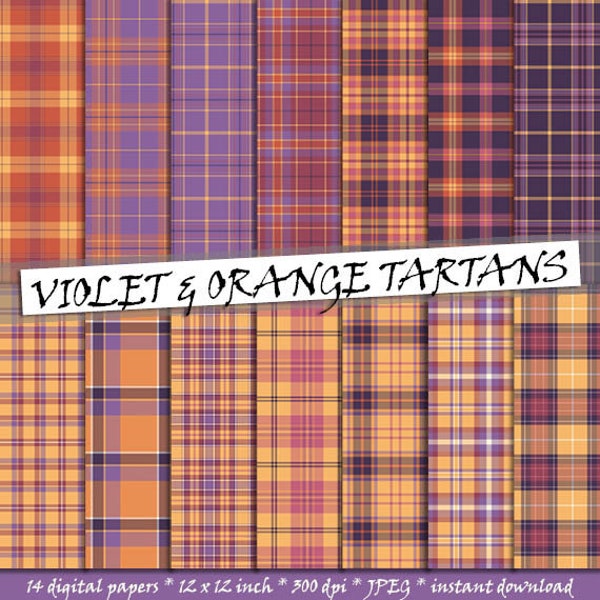 Violet and orange tartan pattern digital paper, 14 Halloween background patterns, printable lilac and orange backgrounds; for commercial use