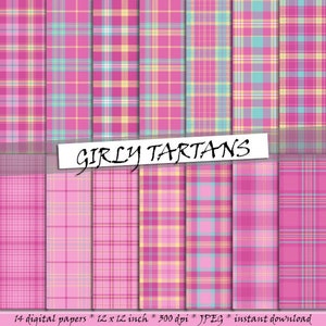 Pink tartan pattern digital papers, 14 seamless scottish plaid patterns, pink plaid backgrounds; for commercial use