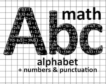 Math alphabet clipart; font with math equations pattern, with capital and small letters, numbers and punctuation marks; for commercial use