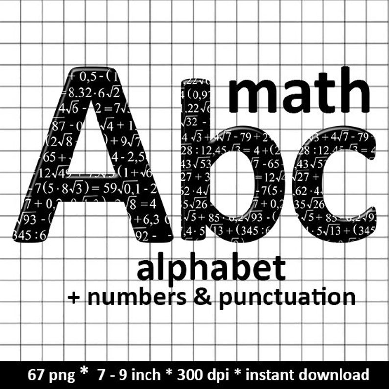 Math alphabet clipart font with math equations pattern, with capital and small letters, numbers and punctuation marks for commercial use image 1