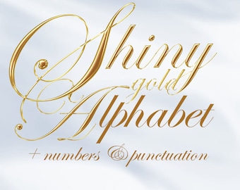 Shiny gold digital alphabet, golden clipart font with capital and small letters, numbers and punctuation marks; for commercial use