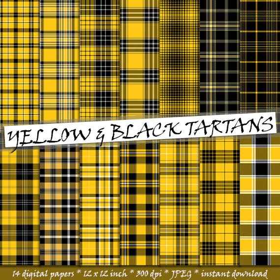 Yellow and Black Tartan Pattern Digital Paper, 14 Seamless