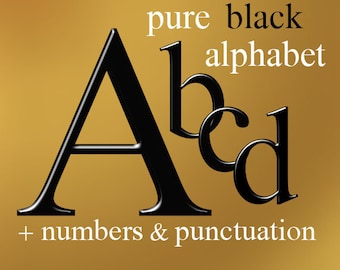 Pure black digital alphabet clipart, glossy black font with large and small letters, numbers and punctuation marks; for commercial use