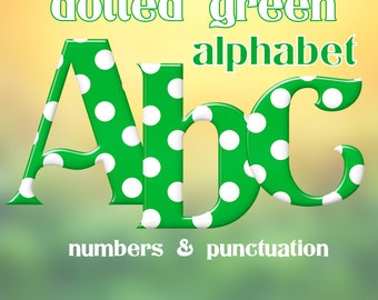 Dotted green digital alphabet clipart, polka dots printable font with large and small letters, numbers and punctuation; for commercial use