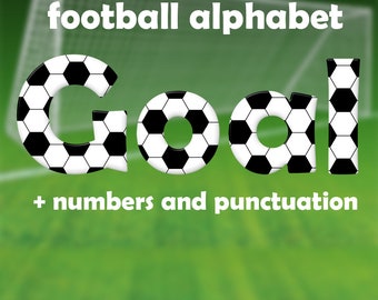 Football digital alphabet clipart, printable sports font with large and small letters, numbers and punctuation marks; for commercial use