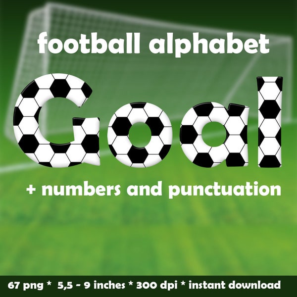 Football digital alphabet clipart, printable sports font with large and small letters, numbers and punctuation marks; for commercial use