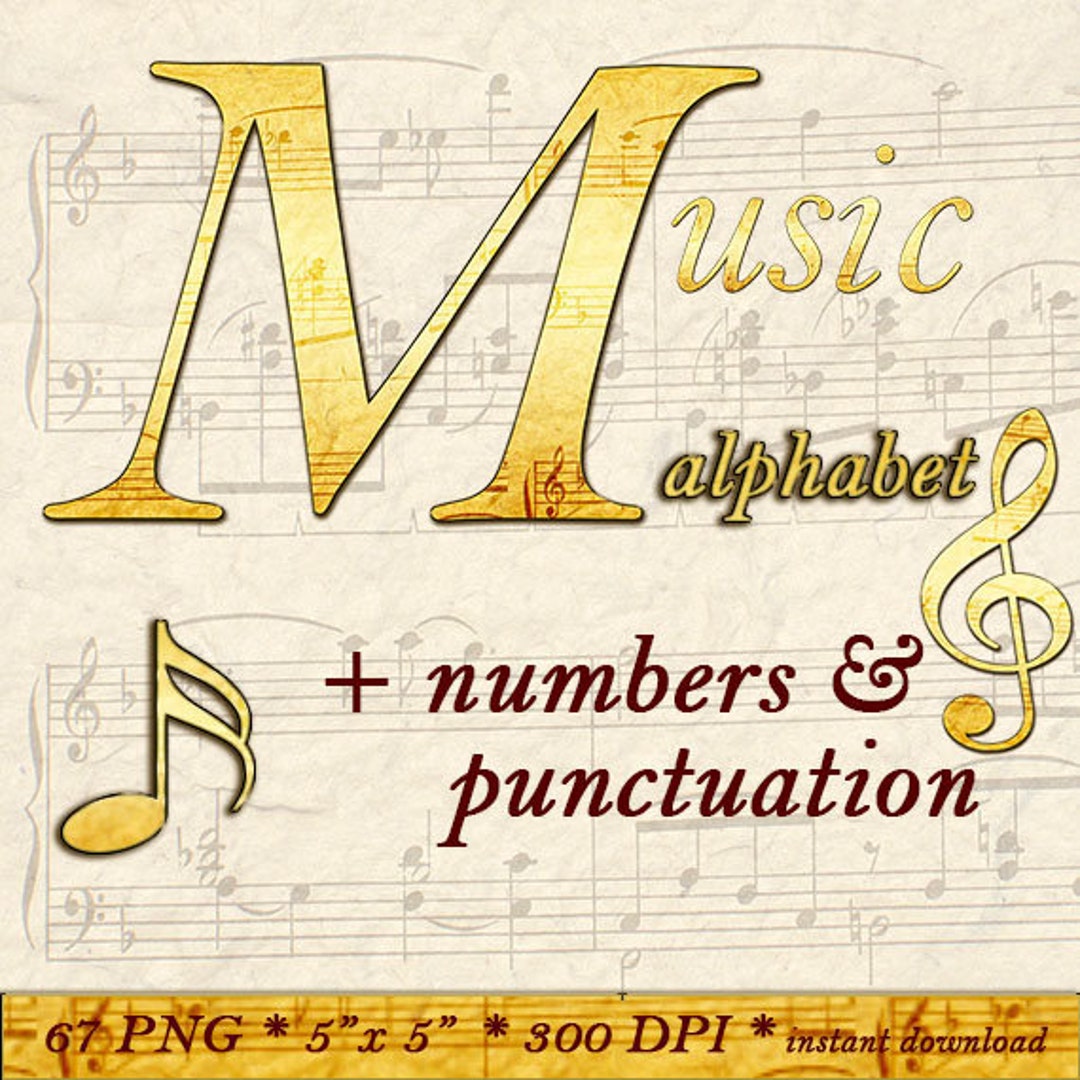 Music Sheet Alphabet Clipart, Printable Musical Font With Capital and Small Letters, Numbers and ...