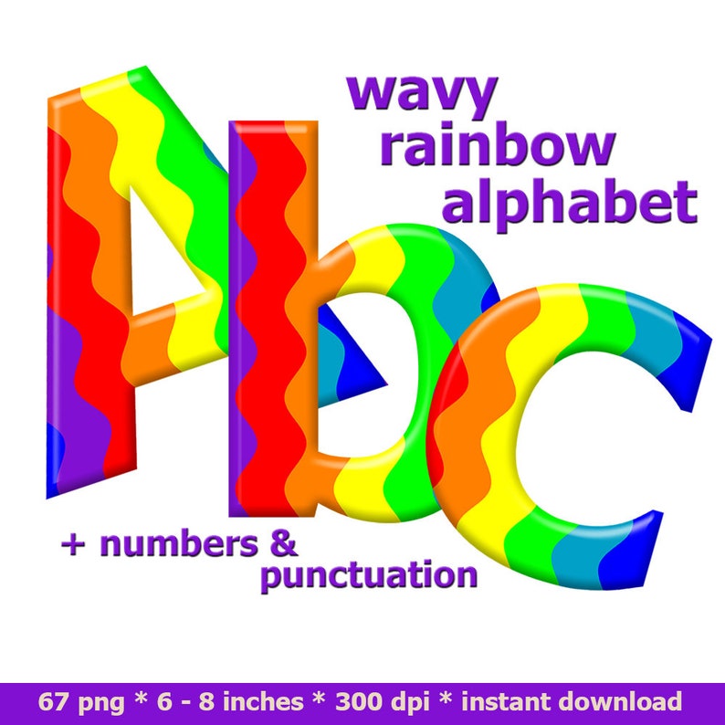 Wavy rainbow alphabet clipart, colorful printable font with capital and small letters, numbers and punctuation marks for commercial use image 1