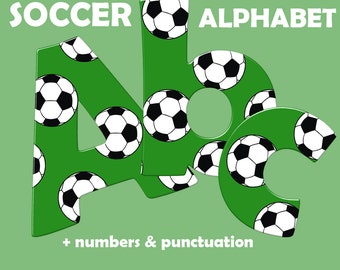 Soccer digital alphabet clipart, printable sports font with large and small letters, numbers and punctuation marks; for commercial use