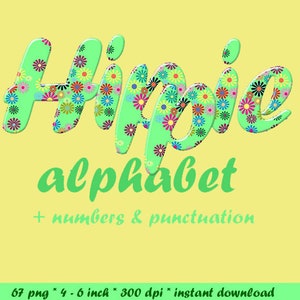Hippie style flower digital alphabet clipart: green printable font with letters, numbers and punctuation marks ; for commercial use