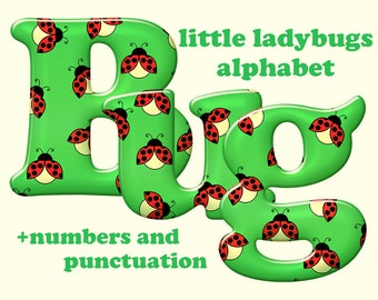 Ladybugs alphabet clipart, green and red printable digital font, large and small letters, numbers and punctuation; for commercial use