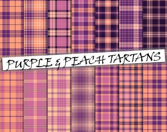 Purple and peach tartan pattern digital paper, 14 seamless scottish plaid patterns, purple plaid backgrounds; for commercial use
