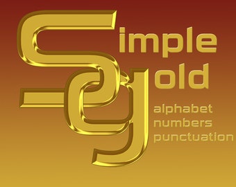 Simple gold digital alphabet, golden clipart font with capital and small letters, numbers and punctuation marks; for commercial use