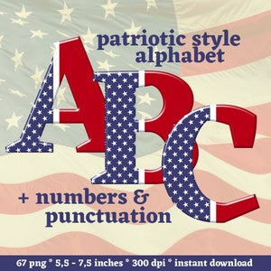 Patriotic alphabet clipart, American flag font, blue red and white 4th of July font, with letters, numbers, punctuation; for commercial use