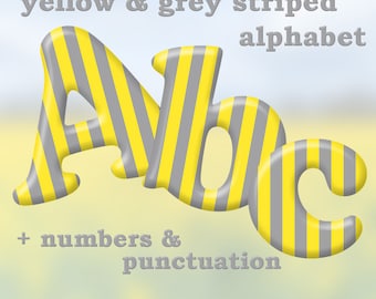 Yellow and grey striped digital alphabet clipart, stripes font, large and small letters, numbers and punctuation marks; for commercial use