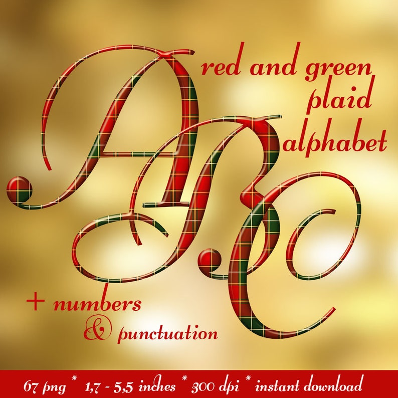 Red and green Chrsitmas plaid digital alphabet clipart, tartan style font with letters, numbers and punctuation marks for commercial use image 1