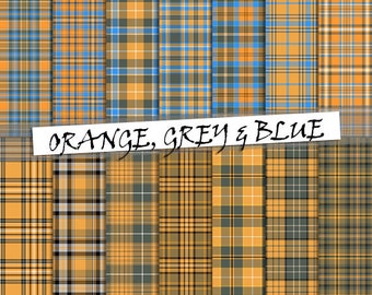 Orange, grey and blue  tartan pattern digital paper, 14 seamless scottish plaid, printable plaid backgrounds; for commercial use