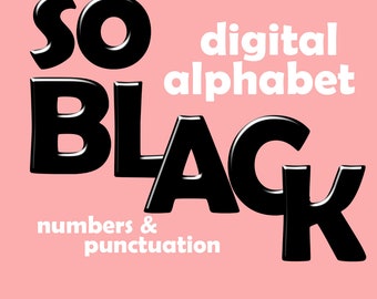 Glossy black digital alphabet clipart, shiny font with large and small letters, numbers and punctuation marks; for commercial use