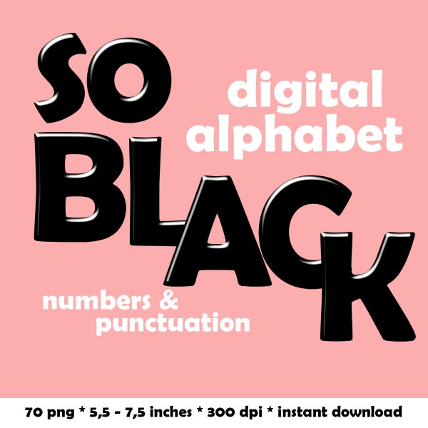 Glossy black digital alphabet clipart, shiny font with large and small letters, numbers and punctuation marks; for commercial use
