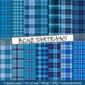 Blue tartan pattern digital paper, 14 seamless scottish plaid patterns, blue plaid backgrounds for commercial use image 1